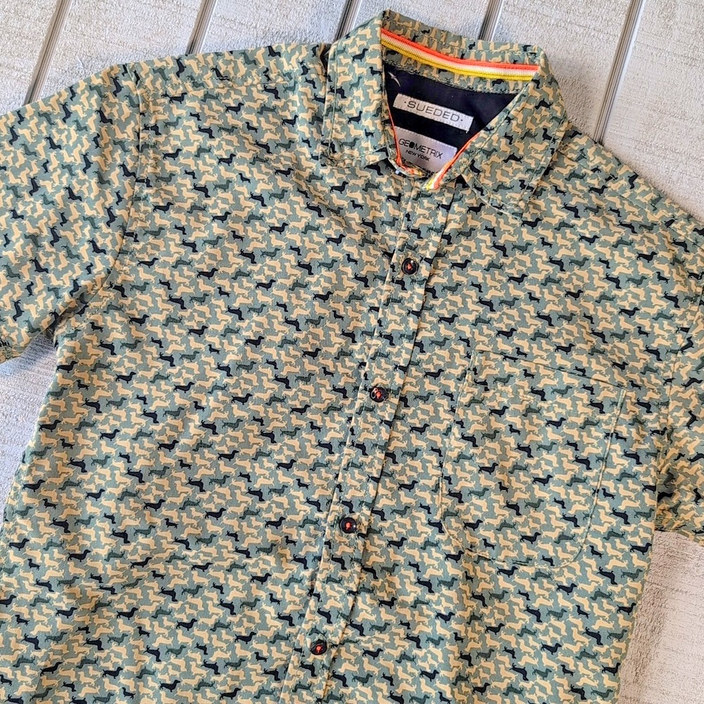 Geometrix NY Dachshund Dress Shirt Men's S Olive Camo Button Down - Short Sleeve - Picture 1 of 7